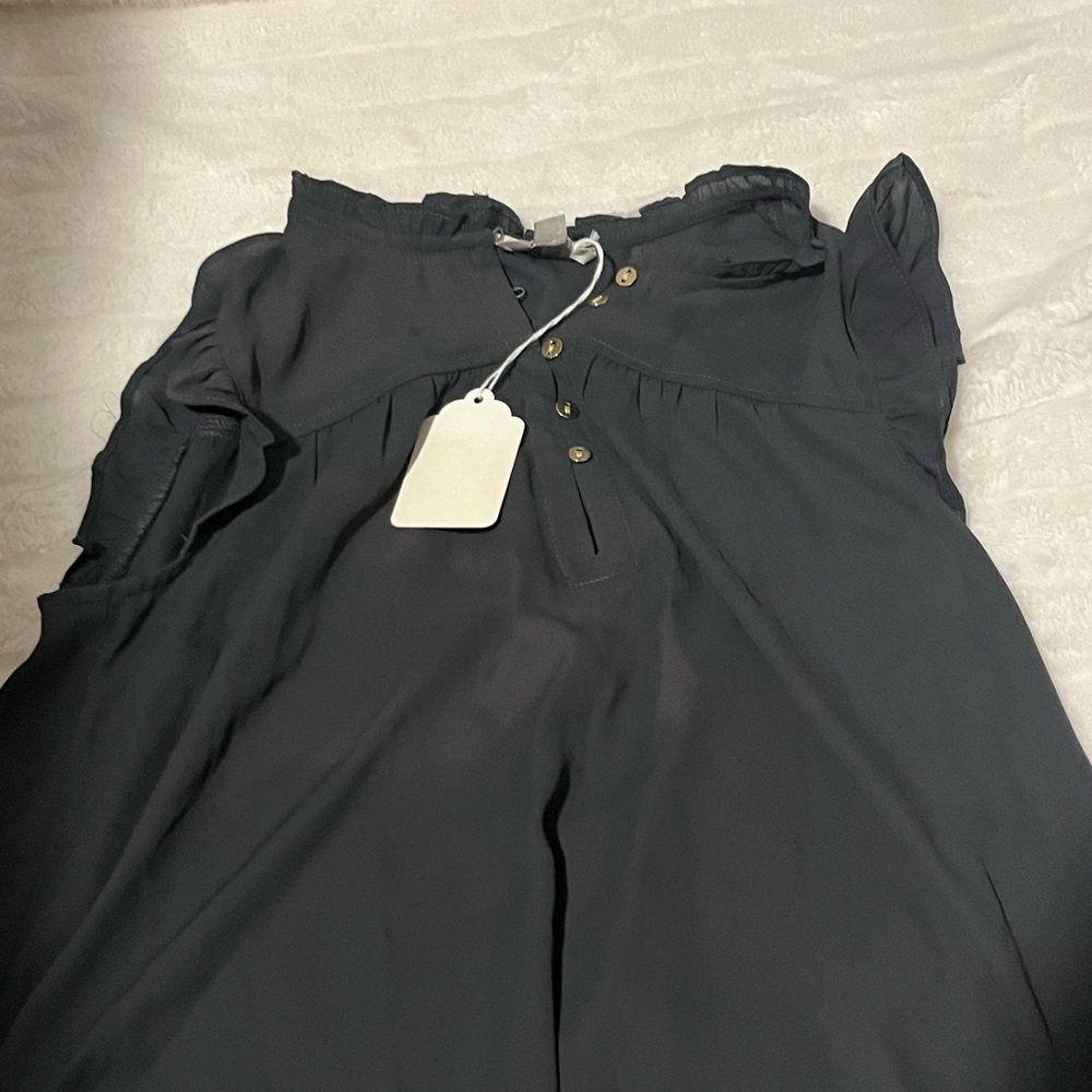 LOFT Black Blouse with Ruffle and Button Accents